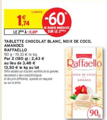 RAFFAELLO TABLETTE CHOCOLAT BLANC, NOIX DE COCO, AMANDES