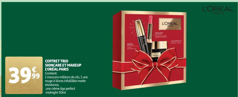 Coffret Trio Skincare Et Makeup L'oréal Paris - Contient:
1 mascara millions de cils, 1 une rouge à lèvres infaillible matte résistance, une crème âge perfect midnight 50ml