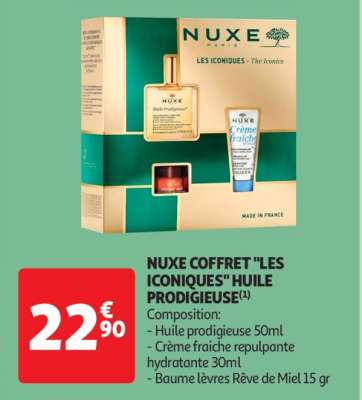 Nuxe Coffret "Les Iconiques" Huile Prodigieuse - Composition:
- Huile prodigieuse 50ml
- Crème fraiche repulpante hydratante 30ml
- Baume lèvres Rêve de Miel 15 gr