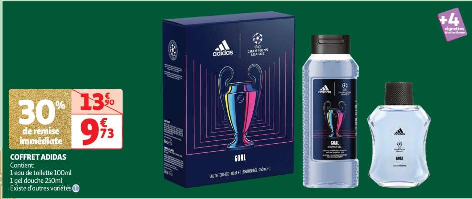 Coffret Adidas - Contient:
1 eau de toilette 100ml
1 gel douche 250ml