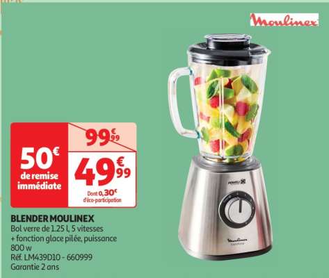 Blender Moulinex - Bol verre de 1.25 l, 5 vitesses + fonction glace pilée, puissance 800 w
Réf. LM439D10 - 660999
Garantie 2 ans