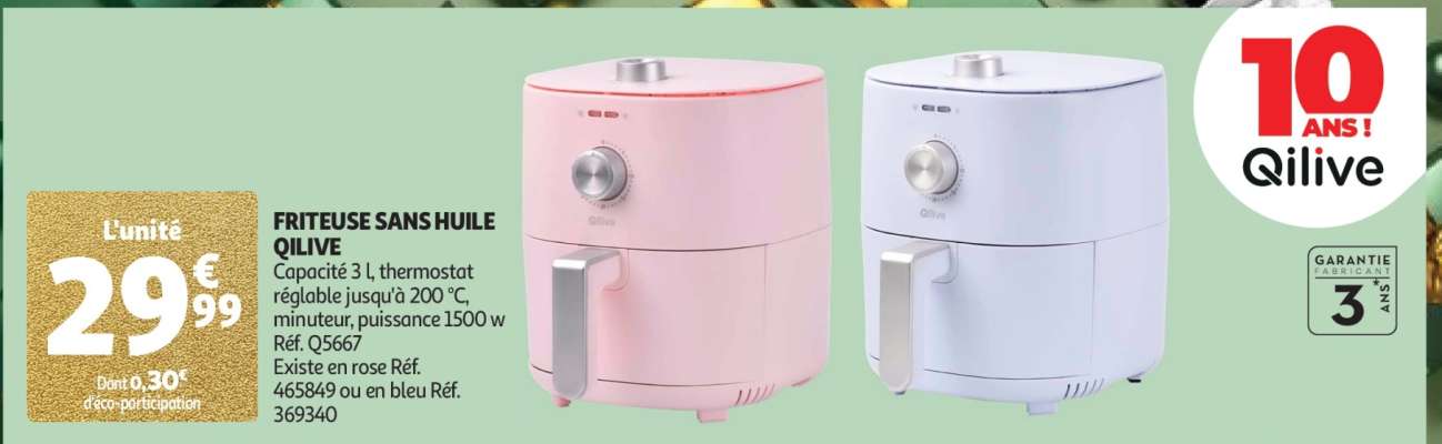 Friteuse Sans Huile Qilive - Capacité 3 l, thermostat réglable jusqu'à 200 °C, minuteur, puissance 1500 w
Réf. Q5667
Existe en rose Réf. 465849 ou en bleu Réf. 369340