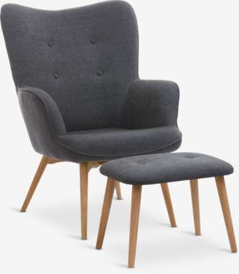 Fauteuil/repose-pieds SKALBORG tissu gris foncé/chêne