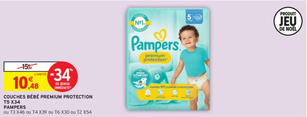 PAMPERS COUCHES BÉBÉ PREMIUM PROTECTION T5 X34