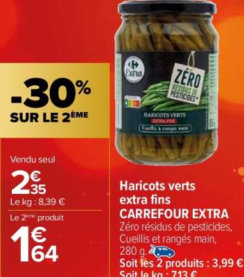 CARREFOUR EXTRA Haricots verts extra-fins - Zéro résidus de pesticides, Cueillis et rangés main, 280 g.