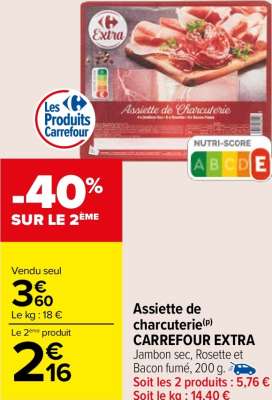 CARREFOUR EXTRA Assiette de charcuterie - Jambon sec, Rosette et Bacon fumé, 200 g. ORIGINE UNION EUROPÉENNE