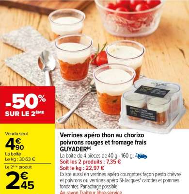 Verrines apéro thon au chorizo poivrons rouges et fromage frais GUYADER - La boîte de 4 pièces de 40 g - 160 g. ÉLABORÉ EN FRANCE AU RAYON TRAITEUR LIBRE-SERVICE Du jeudi 12 au mardi 24 décembre 2024