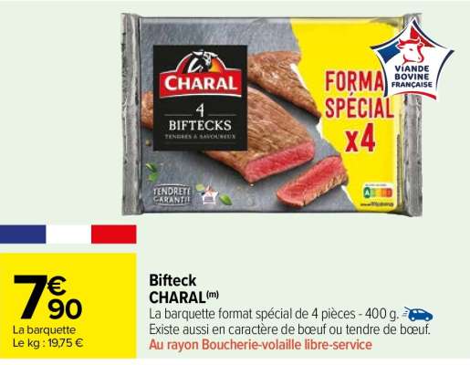 Bifteck CHARAL - La barquette format spécial de 4 pièces - 400 g. ORIGINE FRANCE  AU RAYON Boucherie-Volaille libre-service Du jeudi 12 au mardi 24 décembre 2024