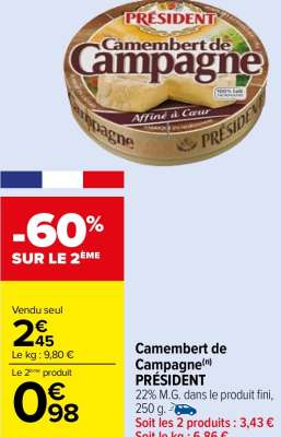 PRÉSIDENT Camembert de campagne - 22% M.G. dans le produit fini, 250 g. ORIGINE FRANCE