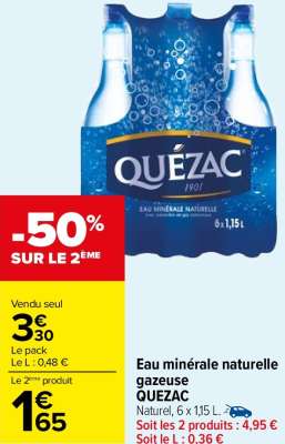 QUÉZAC Eau minérale naturelle gazeuse - Naturel, 6 x 1,15 L.