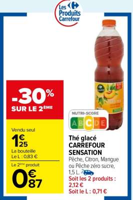 CARREFOUR SENSATION Thé glacé - Pêche, Citron, Mangue ou Pêche zéro sucre, 1,5 L.