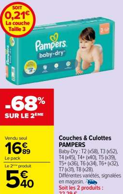 PAMPERS Couches culottes - Baby-Dry : T2 (x58), T3 (x52), T4 (x45), T4+ (x40), T5 (x39), T5+ (x36), T6 (x34), T6+ (x32), T7 (x31), T8 (x28).
Différentes variétés, signalées en magasin.