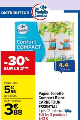 CARREFOUR ESSENTIAL Papier toilette compact blanc - 2 plis, 12 rouleaux.