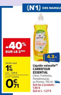 CARREFOUR ESSENTIAL Liquide vaisselle - Citron, Framboise, Pamplemousse, ou Pomme, 750 ml.