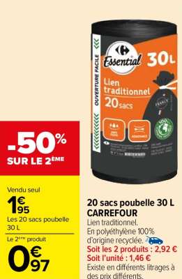 CARREFOUR  20 sacs poubelle 30 L - Lien traditionnel.
En polyéthylène 100% d'origine recyclée.