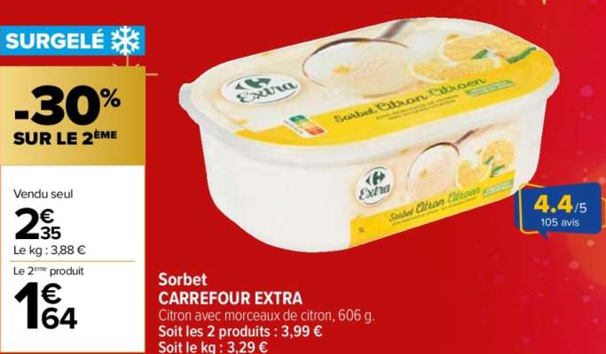 CARREFOUR EXTRA Sorbet - Citron avec morceaux de citron, 606 g.