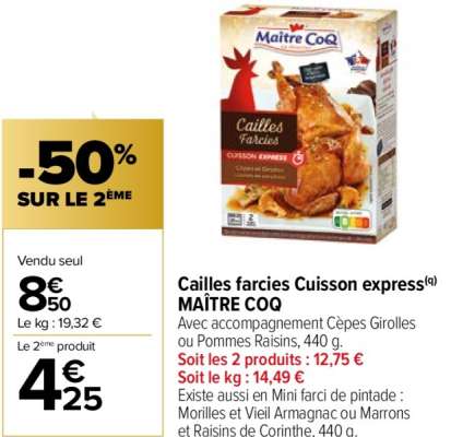 MAÎTRE COQ Cailles farcies Cuisson express - Avec accompagnement Cèpes Girolles ou Pommes Raisins, 440 g. ÉLABORÉ EN FRANCE