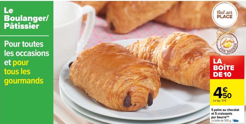 5 pains au chocolat et 5 croissants pur beurre - La boîte de 500 g. FABRIQUÉ EN FRANCE Du mardi 10 au mardi 24 décembre 2024