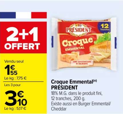 PRÉSIDENT Croque' Emmental - 18% M.G. dans le produit fini, 12 tranches, 200 g. ORIGINE FRANCE