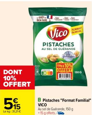 VICO Pistaches "Format Familial" - Au sel de Guérande, 150 g + 15 g offerts.