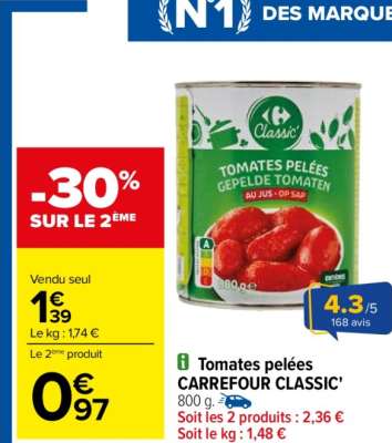 CARREFOUR CLASSIC' Tomates pelées - 800 g.