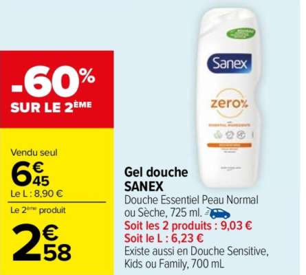 SANEX Gel Douche - Douche Essentiel Peau Normal ou Sèche, 725 ml.