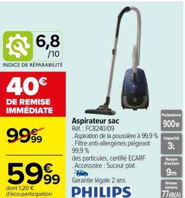 PHILIPS Aspirateur sac - Ref : FC8240/09.  . Aspiration de la poussière à 99,9 % 
. Filtre anti-allergènes piégeant 99,9 % des particules, certifié ECARF
. Accessoire : Suceur plat