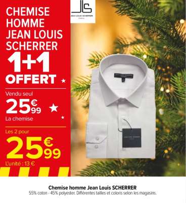 J.LOUIS SCHERRER Chemise homme Jean Louis SCHERRER - 55% coton - 45% polyester. Différentes tailles et coloris selon les magasins.