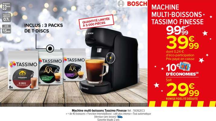 BOSCH Machine multi-boissons Tassimo Finesse - Ref : TAS162EC3.  • + de 40 boissons
• Fonction IntensityBoost : café plus intense
• Tout automatique
(Vendue sans tasses)