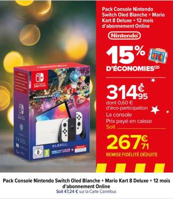 Pack Console Nintendo Switch Oled Blanche + Mario Kart 8 Deluxe + 12 mois d'abonnement Online