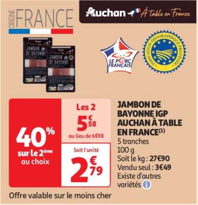 Jambon De Bayonne Igp Auchan À Table En France - 5 tranches
100 g