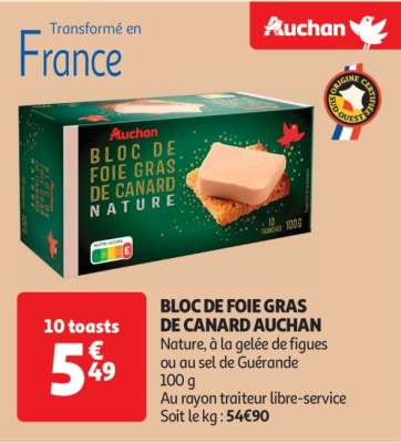 Bloc De Foie Gras De Canard Auchan - Nature, à la gelée de figues ou au sel de Guérande
100 g
Au rayon traiteur libre-service