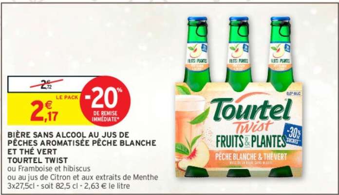 TOURTEL TWIST BIÈRE SANS ALCOOL AU JUS DE PÊCHES AROMATISÉE PÊCHE BLANCHE ET THÉ VERT