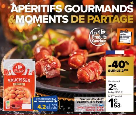 CARREFOUR CLASSIC' Saucisses cocktail - 300 g. ORIGINE FRANCE