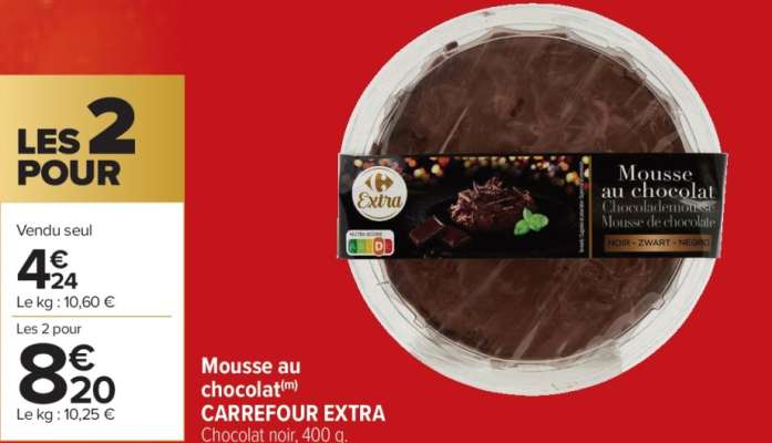 CARREFOUR EXTRA Mousse au chocolat - Chocolat noir, 400 g. FABRIQUÉ EN BELGIQUE