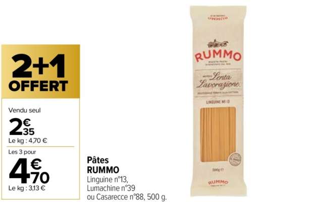 Rummo Pâtes - Linguine n°13, Lumachine n°39 ou Casarecce n°88, 500 g.