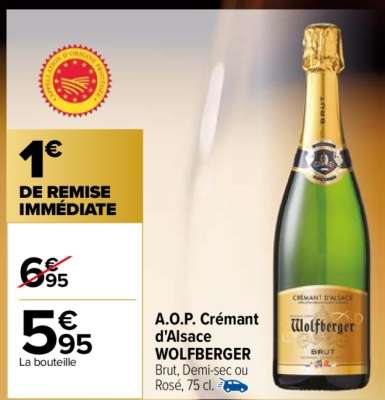 WOLFBERGER A.O.P. Crémant d'Alsace - Brut, Demi-sec ou Rosé, 75 cl.