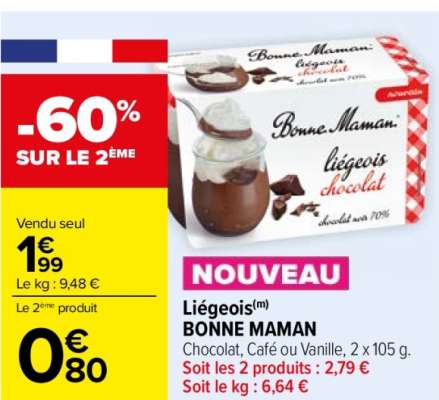 BONNE MAMAN Liégeois - Chocolat, Café ou Vanille, 2 x 105 g. ORIGINE FRANCE