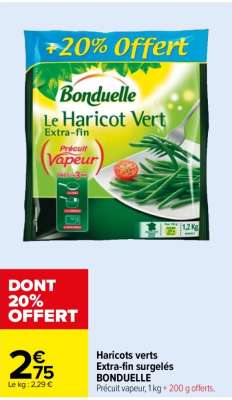 Bonduelle Haricots verts Extra-fin surgelés - Précuit vapeur, 1 kg + 200 g offerts.