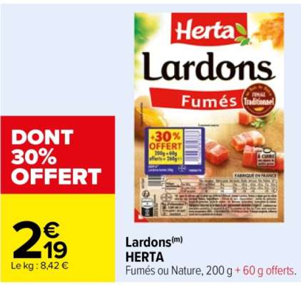 HERTA Lardons - Fumés ou Nature, 200 g + 60 g offerts.  FABRIQUÉ EN FRANCE