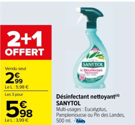 SANYTOL Désinfectant nettoyant - Multi-usages : Eucalyptus, Pamplemousse ou Pin des Landes, 500 ml.