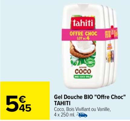 TAHITI Gel Douche BIO "Offre Choc" - Coco, Bois Vivifiant ou Vanille, 4 x 250 ml.