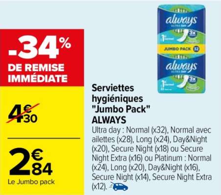 ALWAYS Serviettes hygiéniques "Jumbo Pack" - Ultra day : Normal (x32), Normal avec ailettes (x28), Long (x24), Day&Night (x20), Secure Night (x18) ou Secure Night Extra (x16) ou Platinum : Normal (x24), Long (x20), Day&Night (x16), Secure Night (x14), Secure Night Extra (x12).