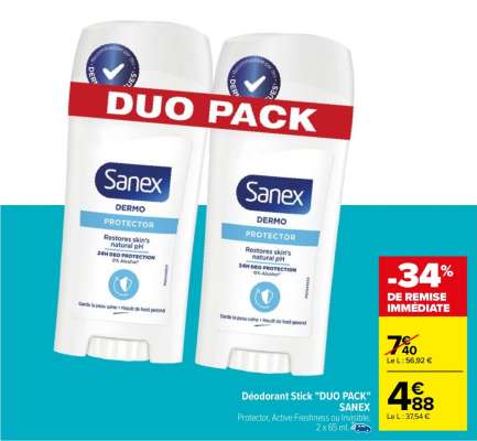 SANEX Déodorant Stick "DUO PACK" - Protector, Active Freshness ou Invisible, 2 x 65 ml.