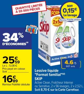 SKIP Lessive liquide "Format Familial" - Active Clean, Fraîcheur Intense ou Sensitive, 2 x 56 lavages, 2 x 2,52 L.