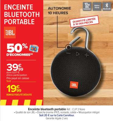 JBL Enceinte Bluetooth portable - Ref : CLIP 3 Noire.  • Qualité de son JBL
• Étanche (norme IPX7), nomade, solide
• Mousqueton intégré