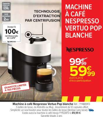 KRUPS Machine à café Nespresso Vertuo Pop blanche - Ref : YY4889FD.  . 5 tailles de tasse, du Ristretto au Mug​
. Assortiment de 12 capsules offert​
. Simplicité: un seul bouton pour toutes les tailles de tasse
(Vendue sans tasse)