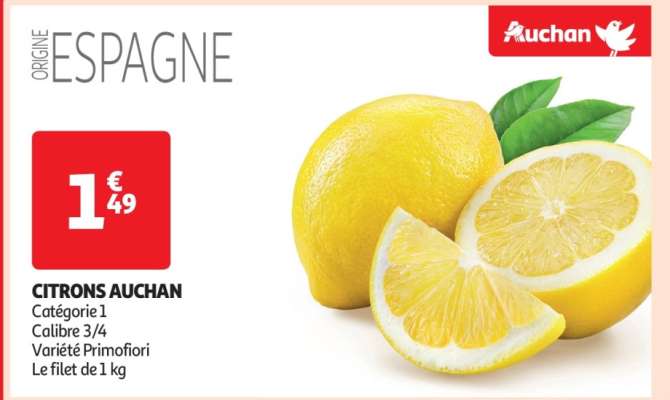 Citrons Auchan - Catégorie 1
Calibre 3/4
Variété Primofiori
Le filet de 1 kg