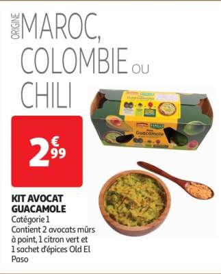 Kit Avocat Guacamole - Catégorie 1
Contient 2 avocats mûrs à point, 1 citron vert et 1 sachet d'épices Old El Paso