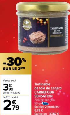 CARREFOUR SENSATION Tartinable de foie de canard - 20% de foie gras, 90 g.